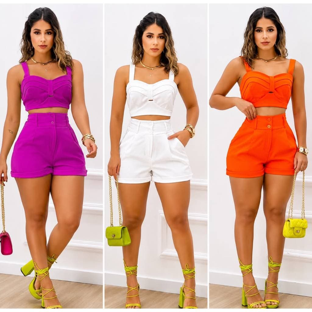 CONJUNTO ALFAIATARIA COM BOJO SHORT E CROPPED MODA FEMENINA VERÃO