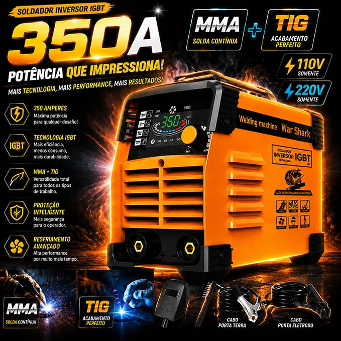 350A Máquina de Solda Profissional  IGBT Portátil MMA+TIG WAR SHARK