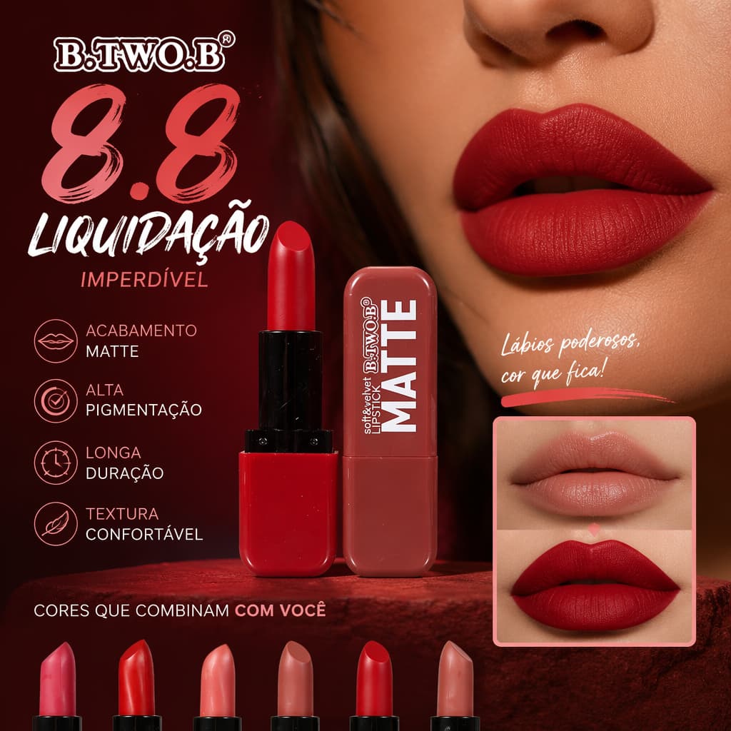 B.TWO.B Batom Matte Giratório Alta Pigmentação Longa Duração Textura Leve Não Resseca Lábios Acabamento Aveludado