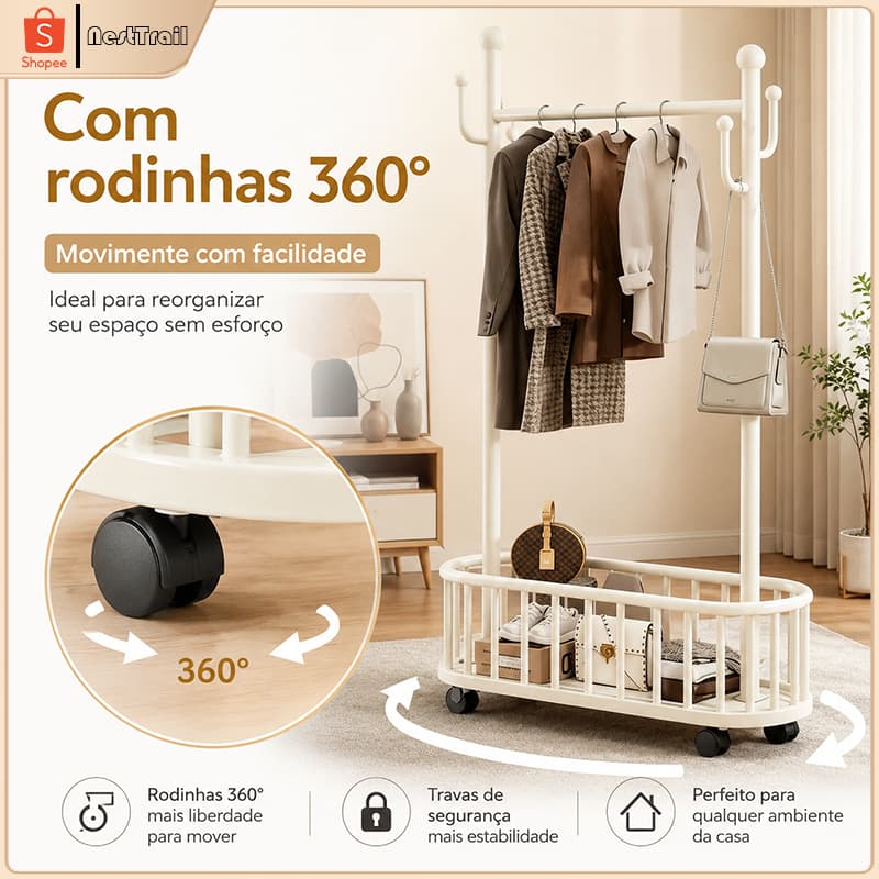 Arara de Roupas com Rodinhas e Cesto Organizador, Cabideiro de Chão com Ganchos Laterais para Quarto, Closet e Entrada