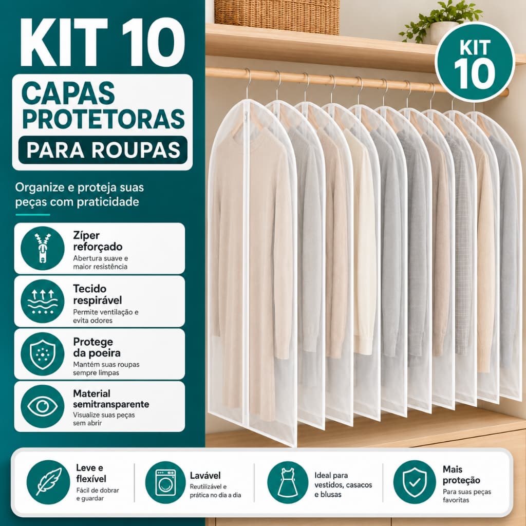 Kit 10 Capa protetora contra poeira resistente água terno paletó roupas zíper cabide alça anti 2026