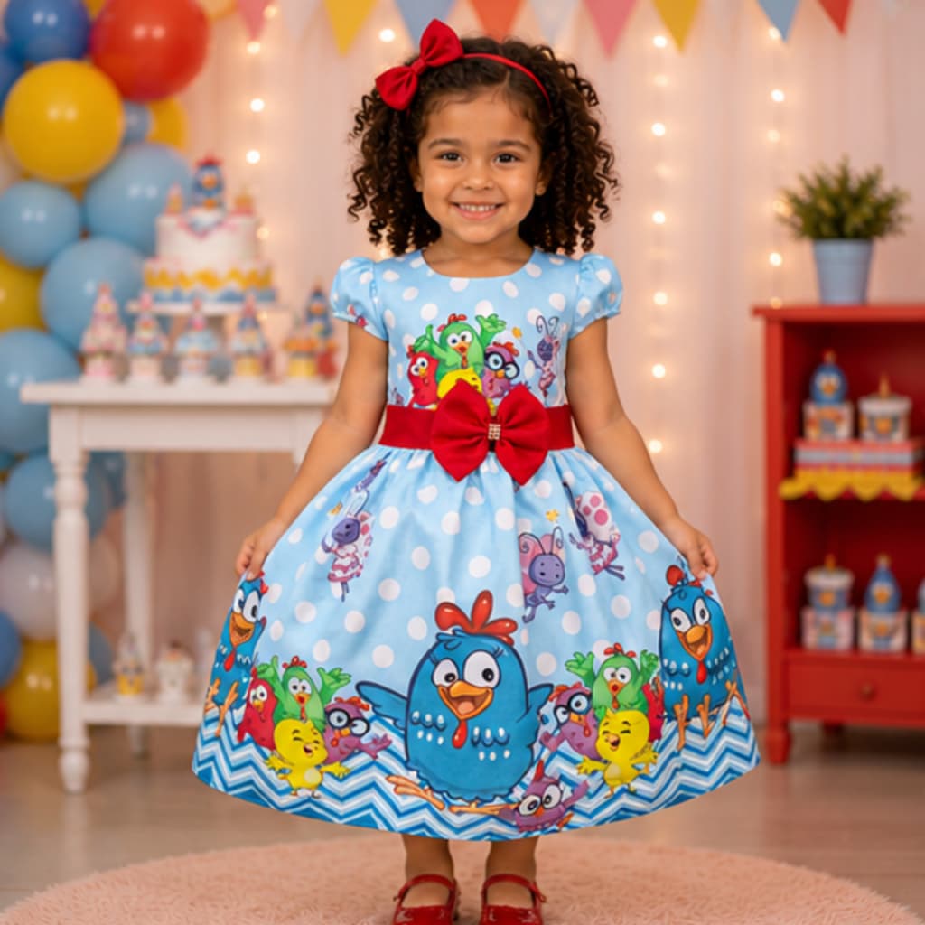 VESTIDO INFANTIL GALINHA PINTADINHA VERMELHA COM LAÇO MENINA