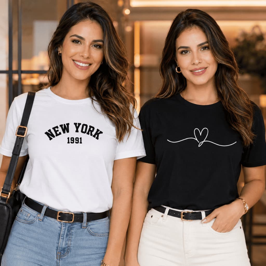 Kit 2 Camisetas Feminina Estampa Personalizada NY e Coração - Algodão Premium