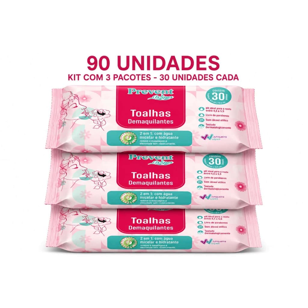 Kit até 03 pacotes Toalhas Demaquilantes Prevent Wipes com Água Micelar e Hidratante | 30un por pacote