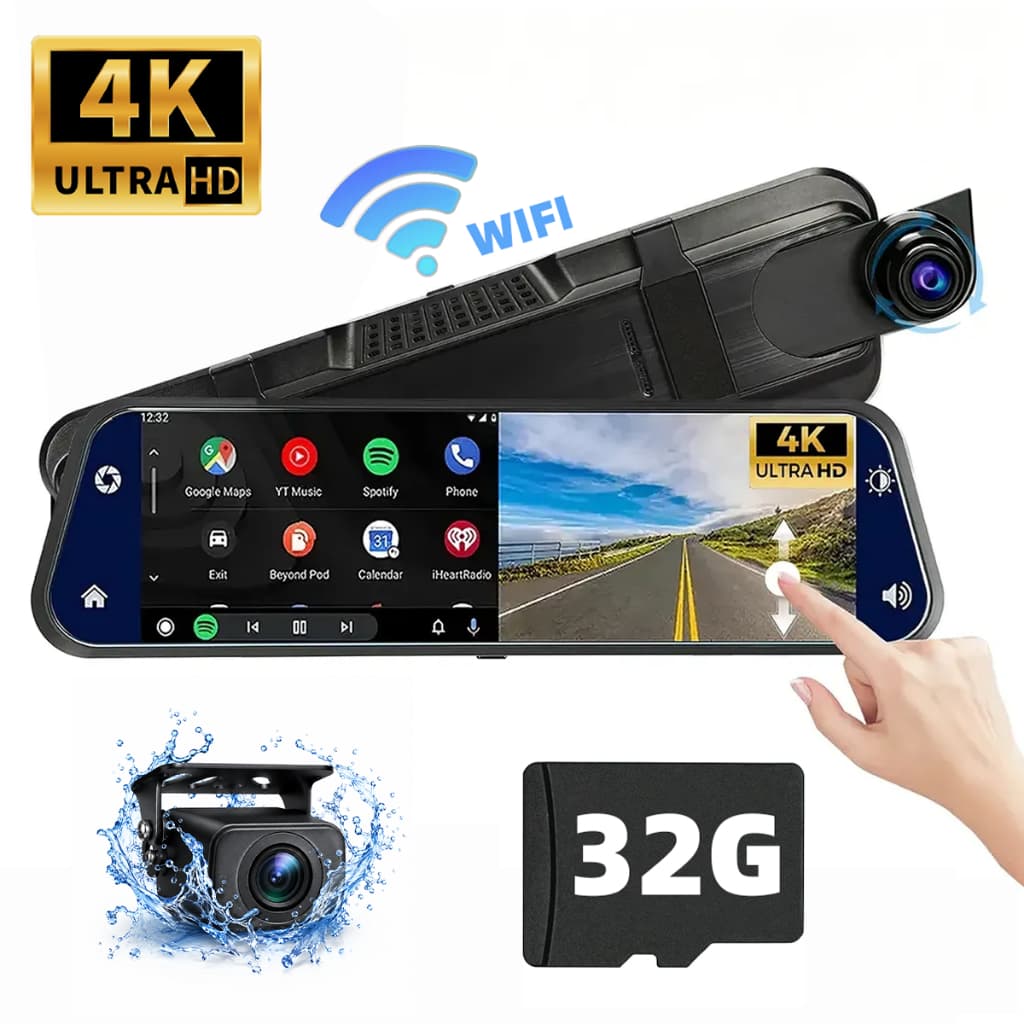 Câmera Veicular 4K+1080P WiFi Touch Dash Cam Frente e Traseira Dupla Gravação Visão Noturna