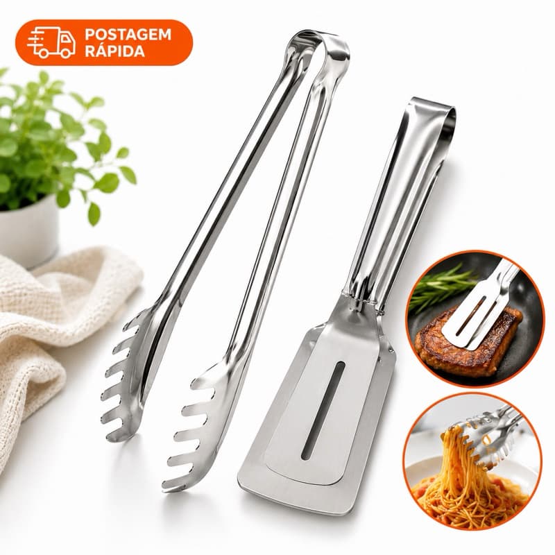 Kit Pegadores Multiuso Inox 2 Peças| Pegador Massa + Pegador Espátula Churrasco Saladas e Cozinha