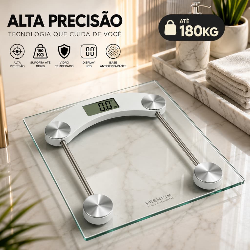 Balança Digital Corporal 180kg Alta Precisão Vidro Temperado LCD Antiderrapante Banheiro Fitness