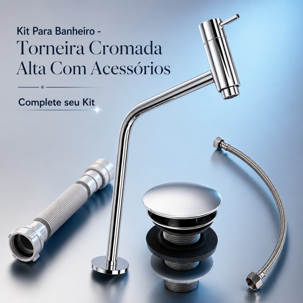 Kit Banheiro Torneira Link Alta Cromada + Válvula Click + Engate Inox + Sifão Universal - Super Luxo