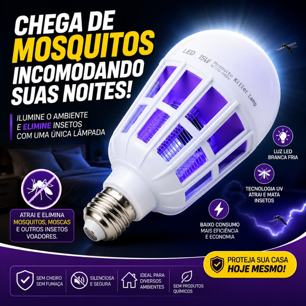 Lâmpada Mata Mosquito LED 15W 110V Bulbo E27 Luz Branca Fria Mata Moscas Repelente de Insetos