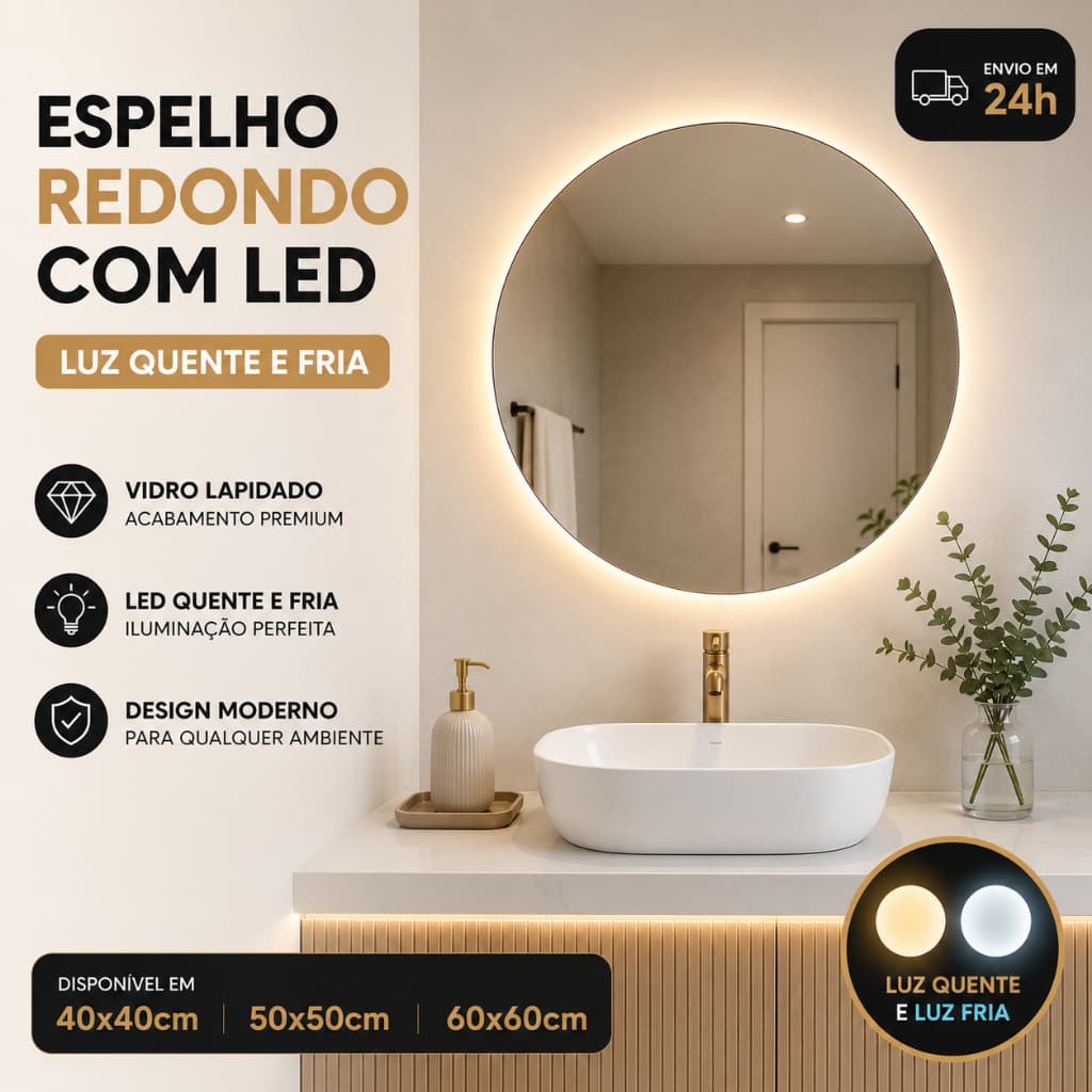 Espelho Redondo LED Retroiluminado 40 50 60cm Luz Quente ou Fria Lapidado Banheiro Sala Quarto