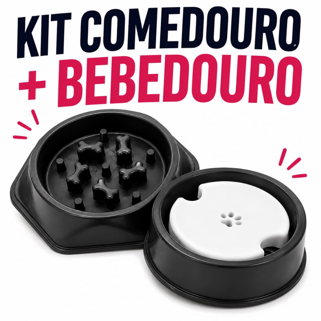 Kit Comedouro Lento + Bebedouro Antiderramamento Pelos Longos para Cães e Gatos Alimentação Saudável