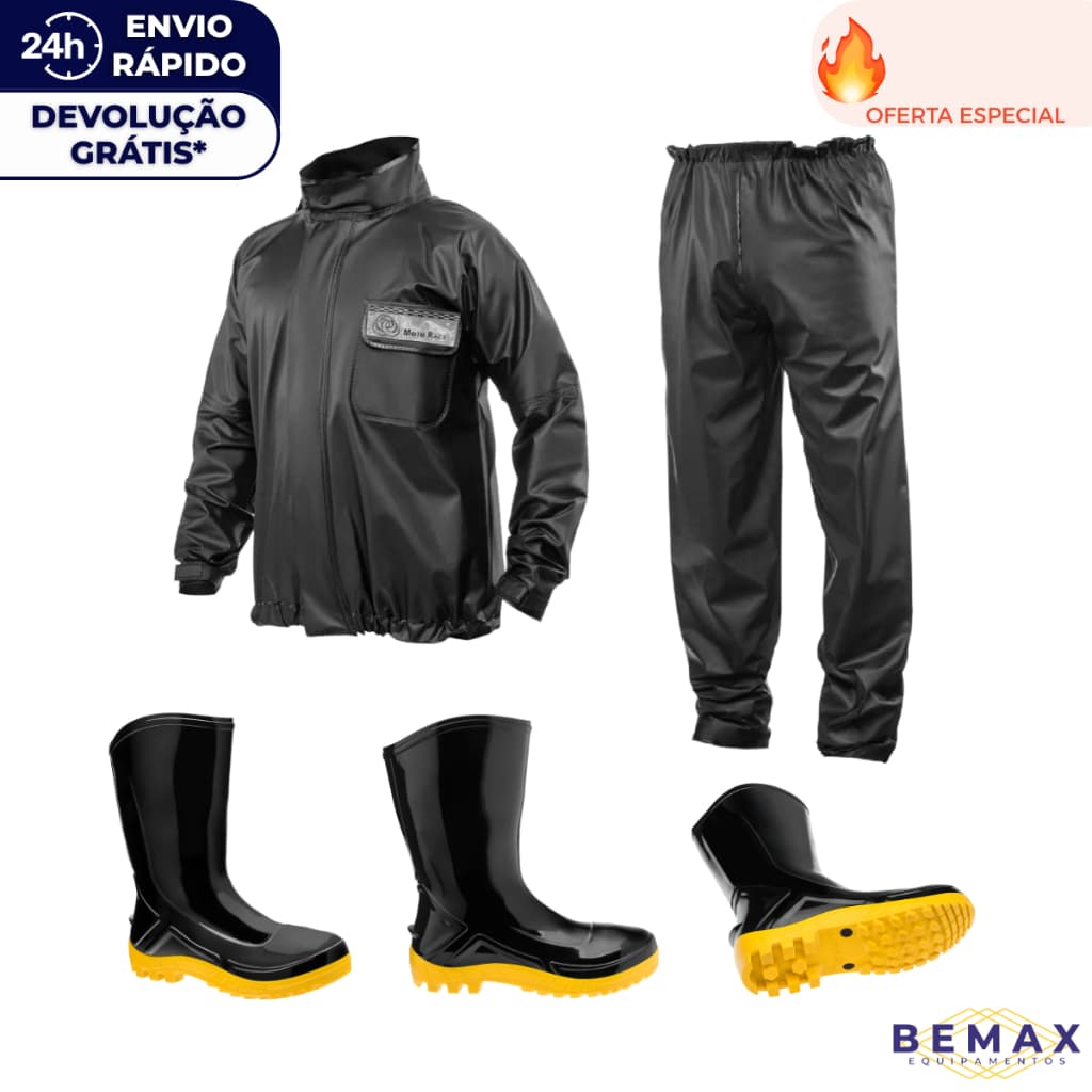 Conjunto Capa de Chuva Motoqueiro Impermeável + Bota Motociclista Galocha PVC Kit Motoboy