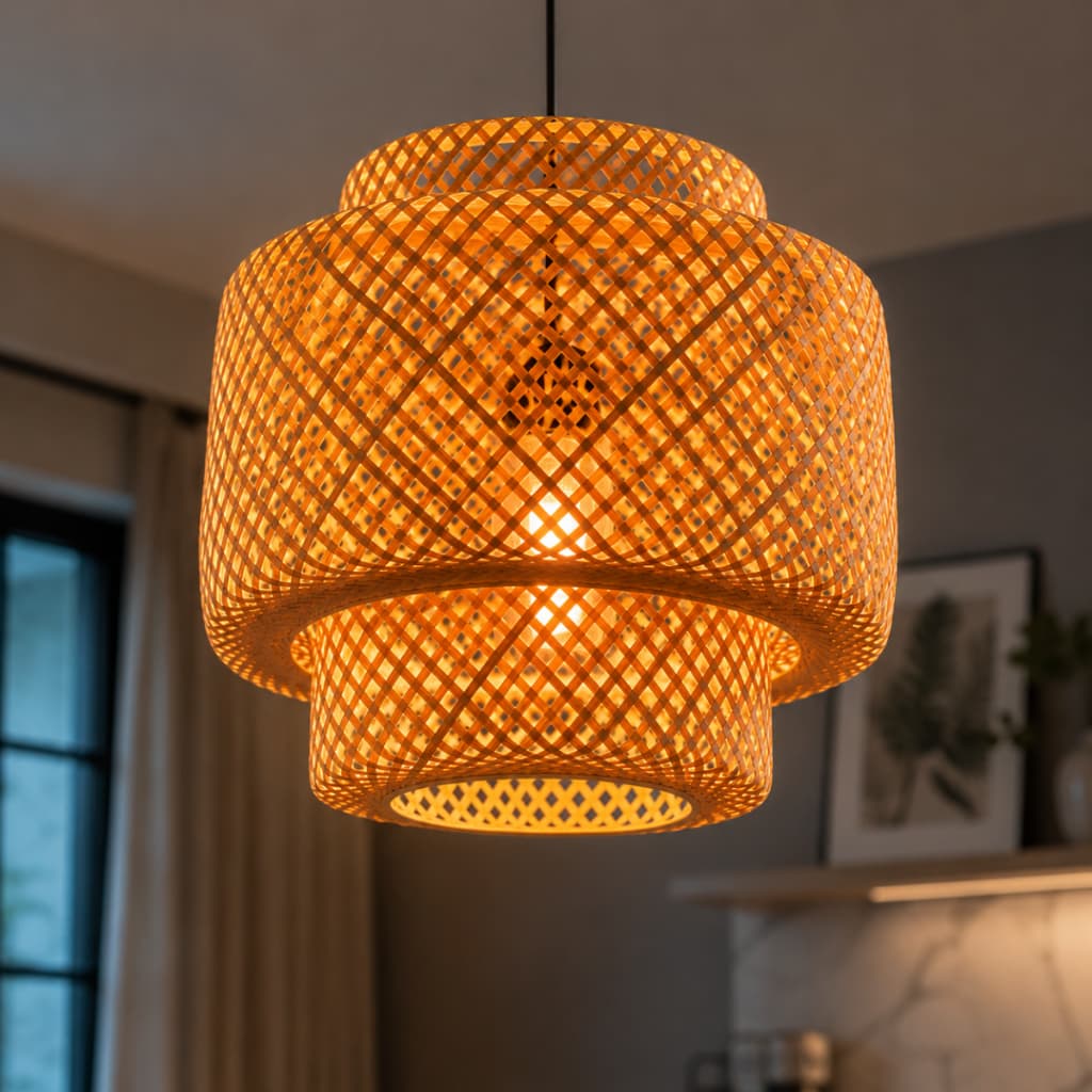 Lustre Pendente De Bambu Cayman 30cm Lâmpada Led Luz Quente Ilha Cozinha Sunfy Altura Ajustavel