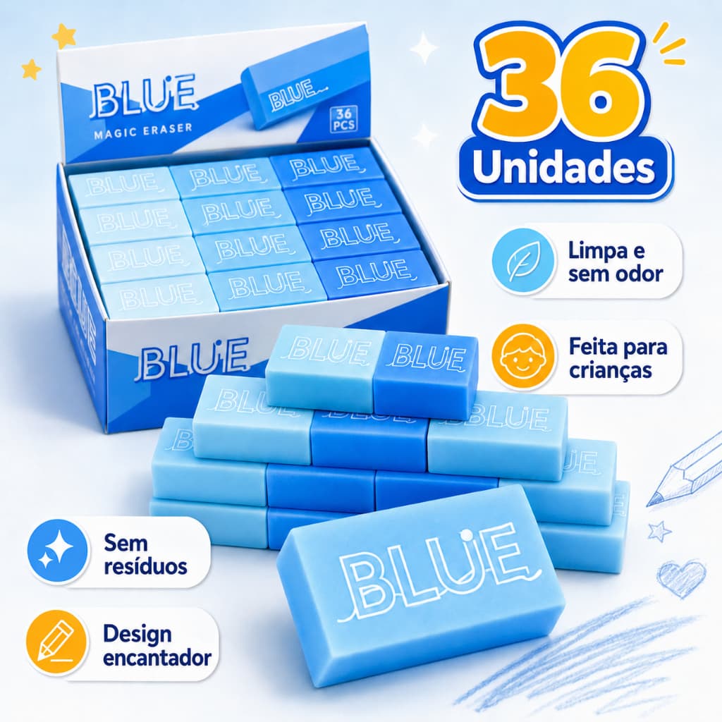 Kit 36 Borrachas Escolares Azuis Macias Sem Resíduos Espalhados para Desenho e Escrita