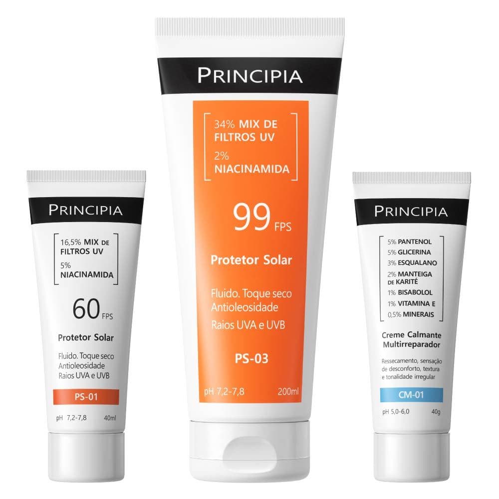Principia Kit Verão Básico c/ Protetor Solar Facial PS-01 FPS60 + Creme Calmante CM-01+ Protetor Solar Corporal FPS99