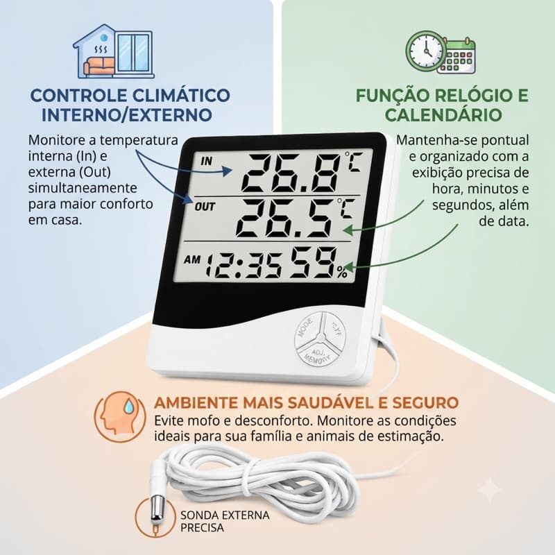 Relógio Termômetro E Higrômetro Digital Com Sensor Externo Cabotemperaturahumidade