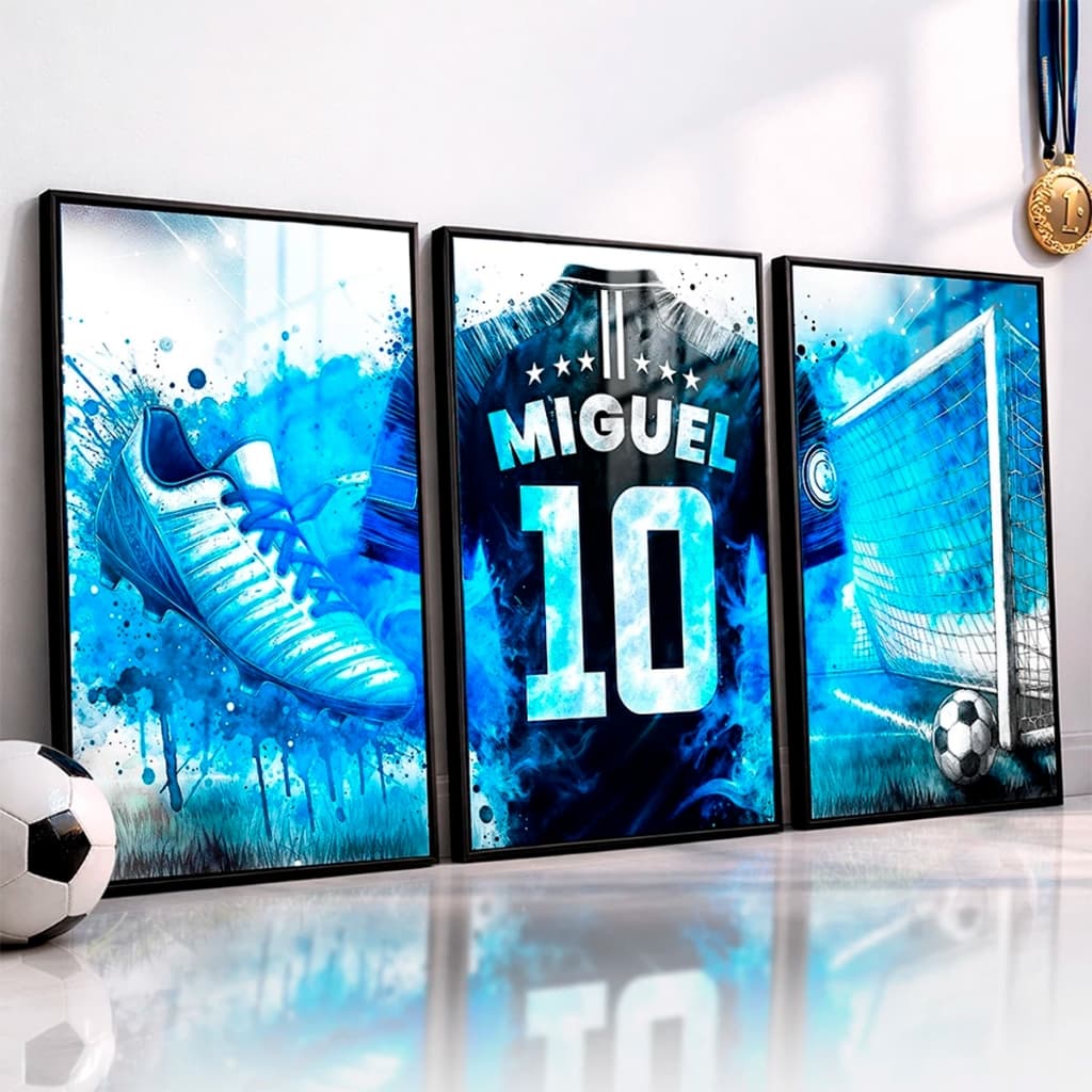 Kit 3 Quadros Futebol Personalizado com Nome Infantil Camisa Chuteira Bola Quarto Decoração Menino