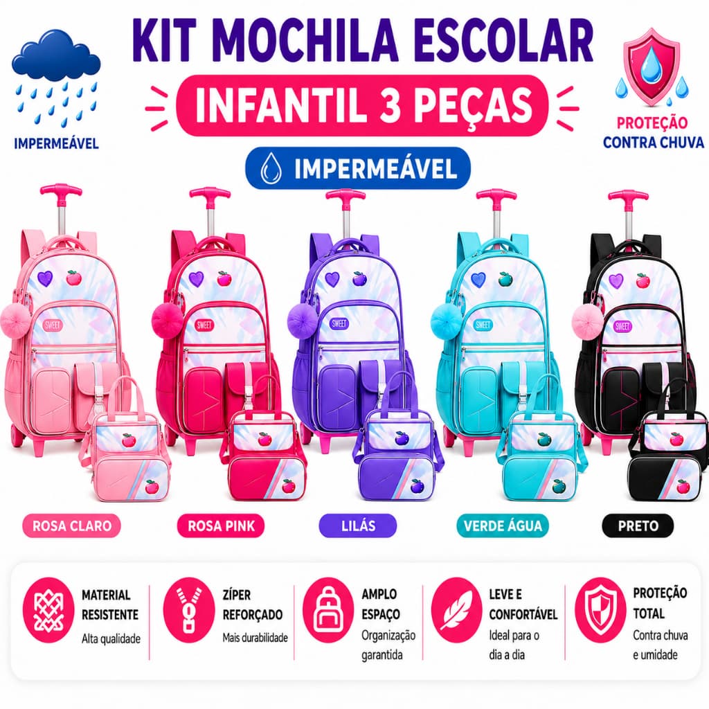 🎒 Kit Mochila Escolar  3 Peças com Rodinhas , Impermeável con chaveiro de coelho