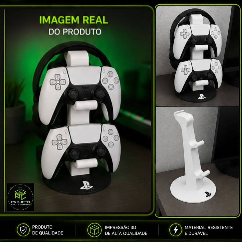 Suporte PS5 2 Controles Headset Organizador de Mesa Minimalista