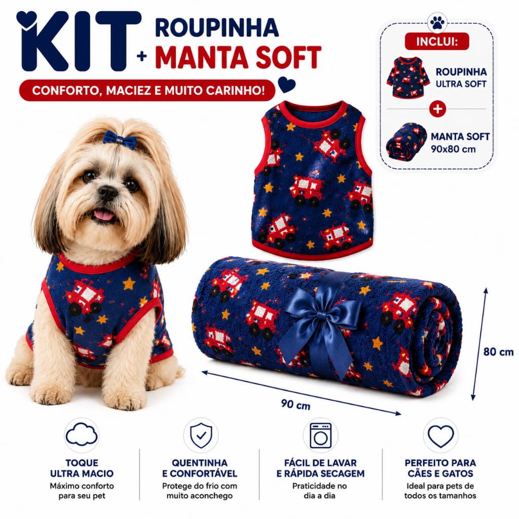 🚗❄️ KIT ACONCHEGO PET Roupinha Ultra Soft + Manta Soft 90×80 cm