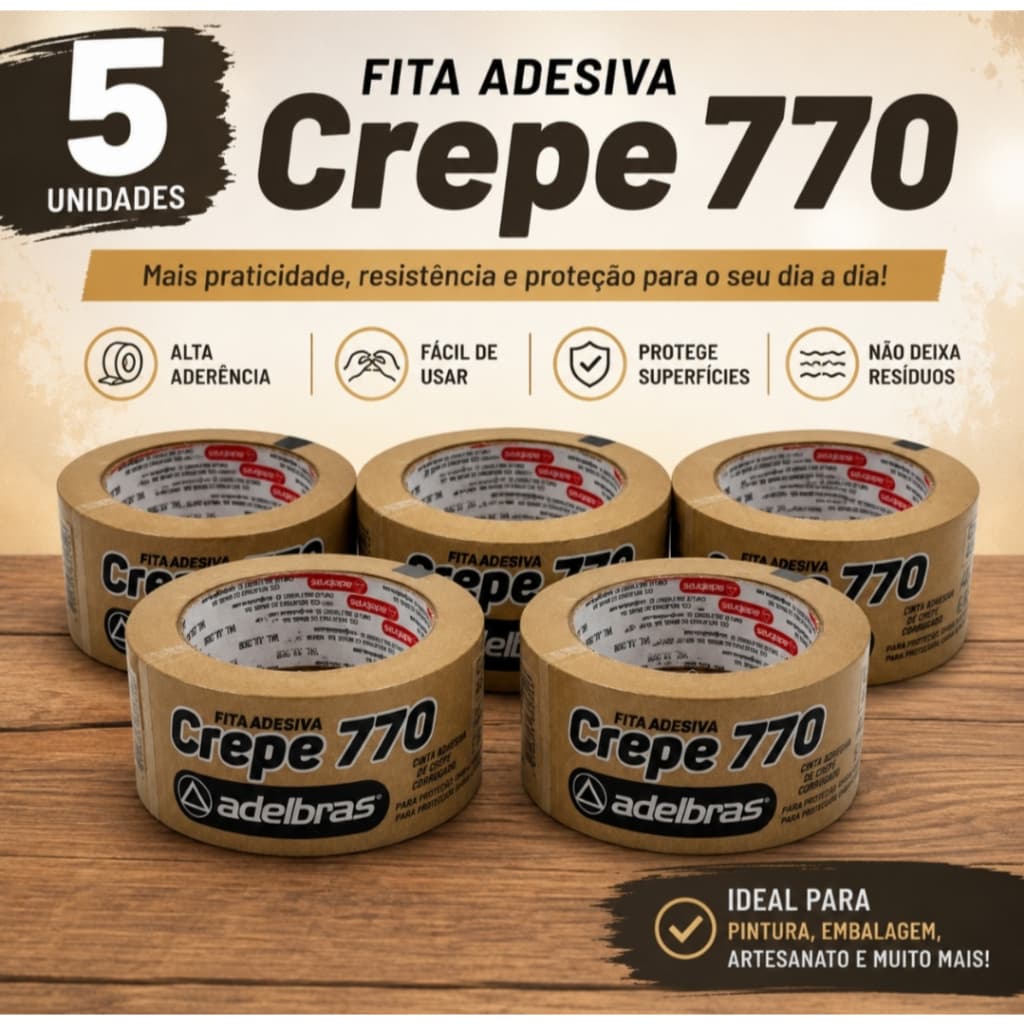 KIT 5 FITA ADESIVA CREPE MARROM 770 PAPEL CORRUGADO KRAFT 48x50M PARA FECHAMENTO DE CAIXAS