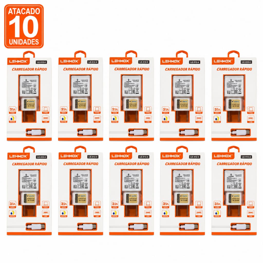Kit 10 Carregadores USB Tipo C 3.1A Lehmox Homologado Anatel Atacado Revenda