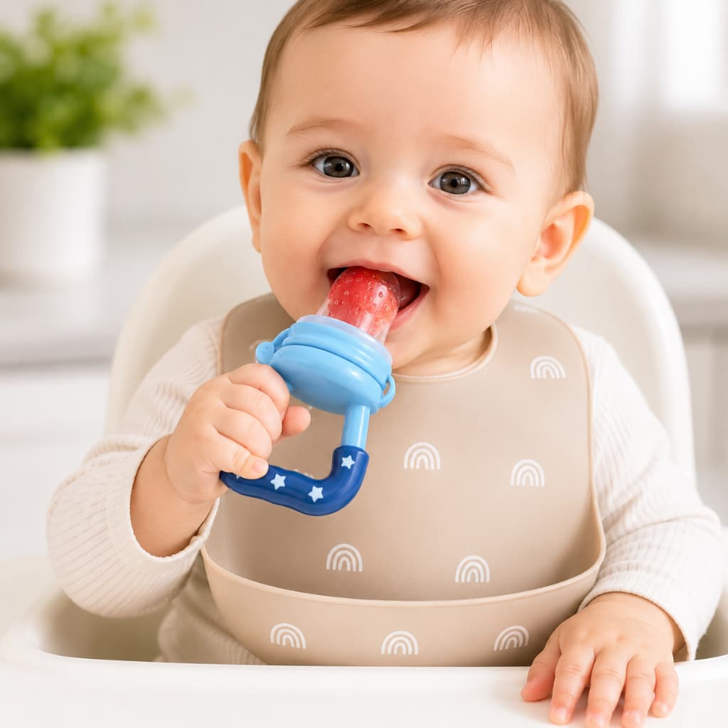 Chupeta Alimentadora Bebê Porta Frutas Silicone Azul Anti Engasgo Introdução Alimentar BLW BPA Free com Tampa Protetora