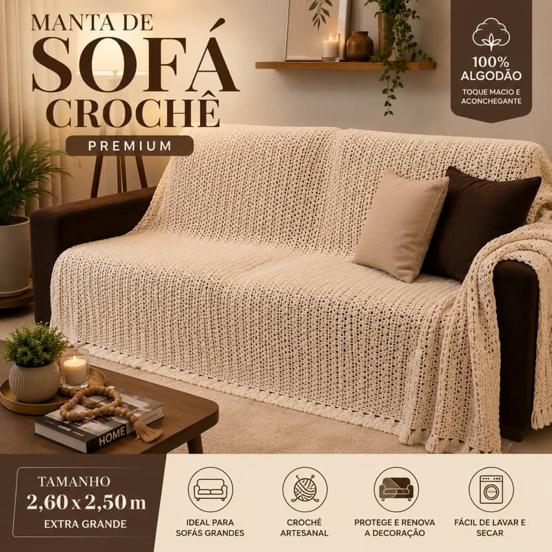 Manta para Sofá Grande Crochê 2,70x2,55 Premium | Cobre Sofá Decorativa | Peseira Cama | Luxo