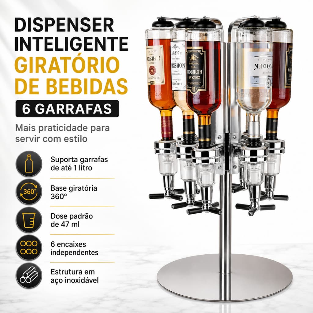 Dispenser Giratório de Bebidas para 6 Garrafas com Dosador de 47 ml