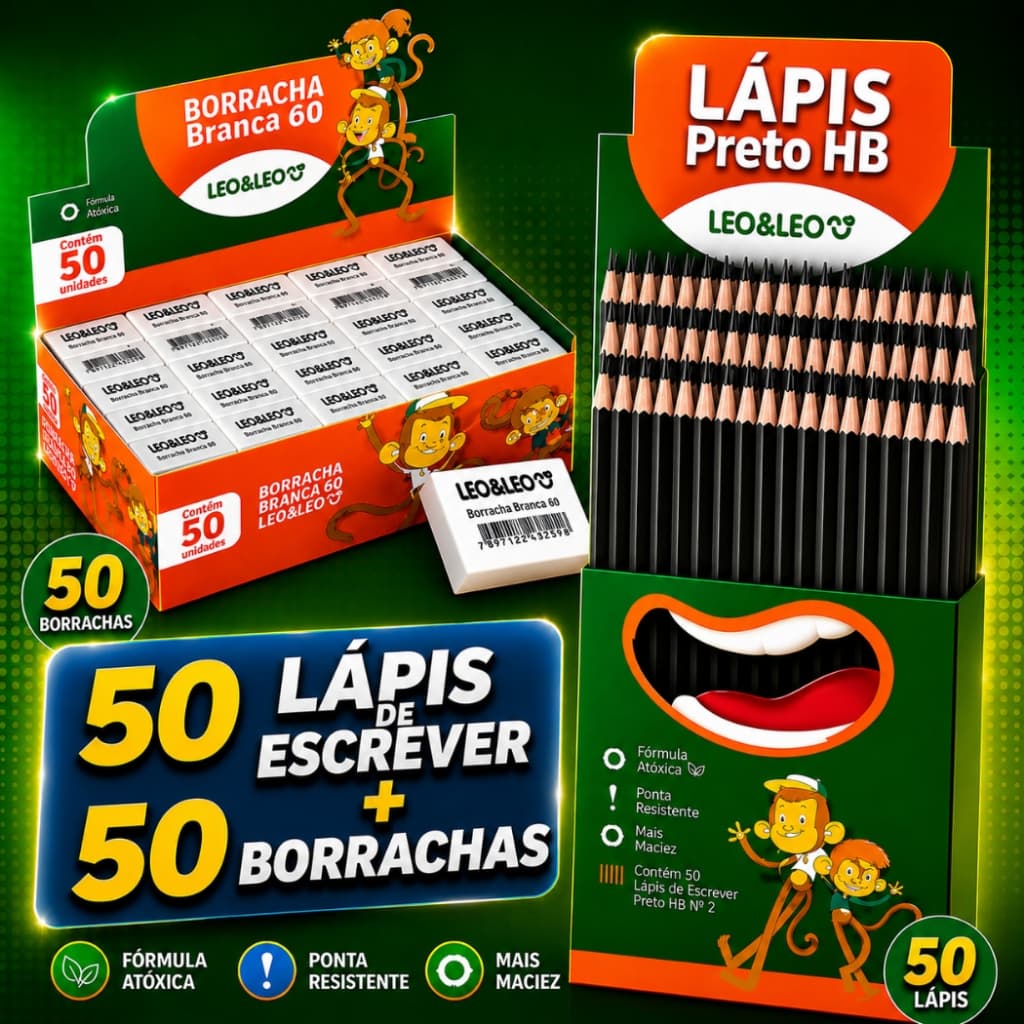 Kit 50 Lápis Preto + 50 Borrachas Escolar | Material para Escola, Escritório e Estudos