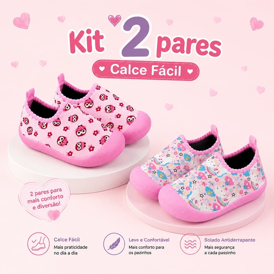 Kit 2 Pares Tênis Calce Fácil Infantil Antiderrapante Menina Escola Macio e Confortável Dia a Dia Primeiros Passos