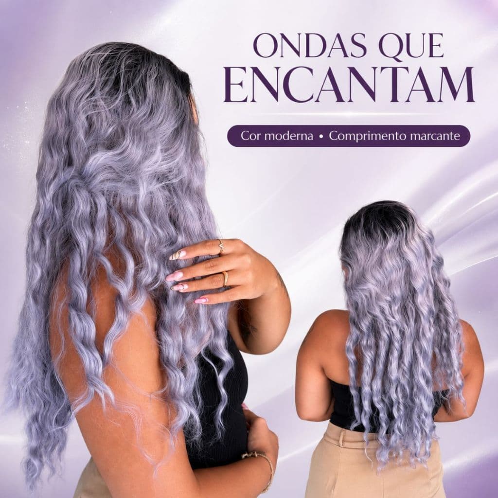 Lace Front Longa Platinada Cacheada Orgânica Fibra Premium Aspecto Humano Natural