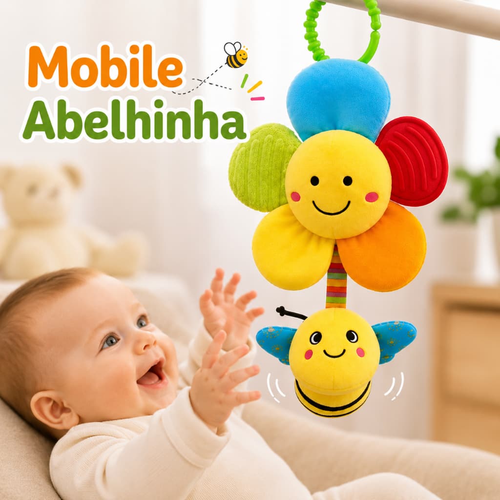 Brinquedo Sensorial Bebê Mobile Abelhinha Pelúcia com Chocalho Mordedor e Papel Crepitante