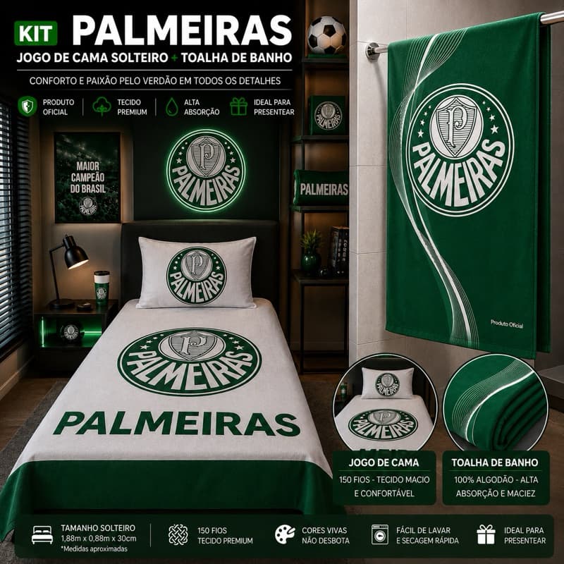 Kit Cama Palmeiras Lençol Solteiro com Fronha + Toalha de Banho Estampada