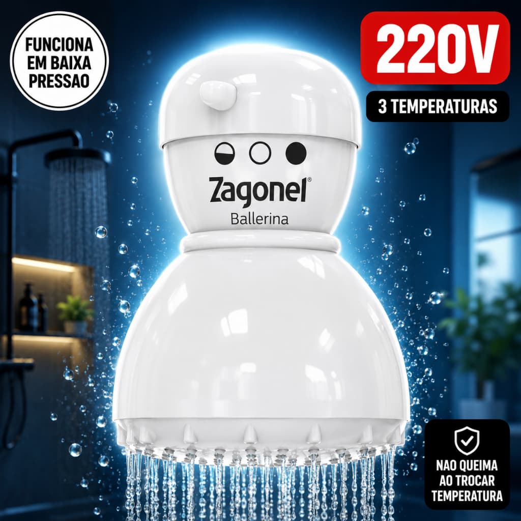 Ducha Zagonel Ballerina 220V 3 Temperaturas Chuveiro Elétrico Baixa Pressão Aquecimento Rápido