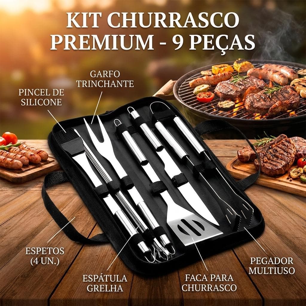 Kit Churrasco Profissional Inox 9 Peças Com Maleta