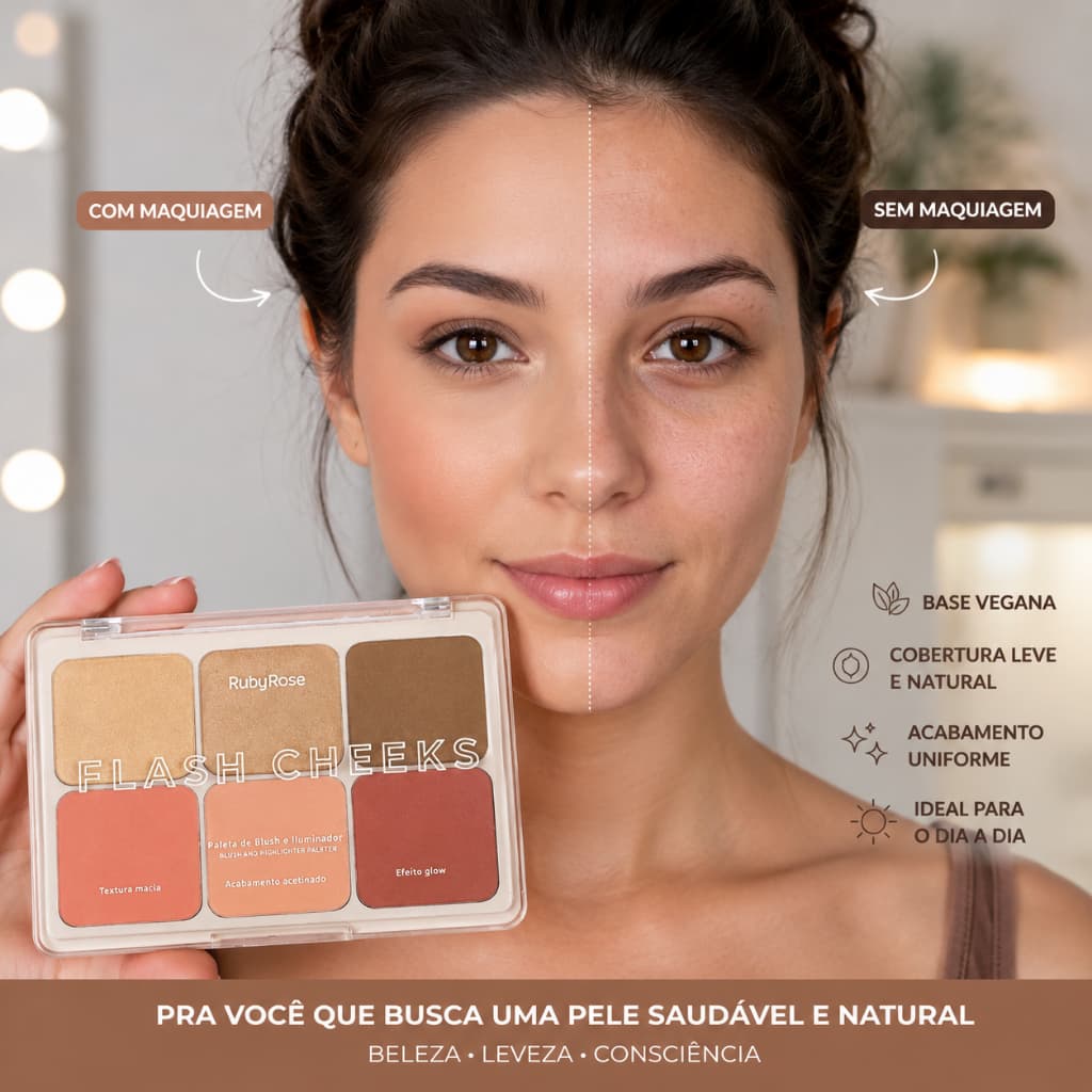 Kit Maquiagem Ruby Rose Flash Cheeks + Lápis Delineador Preto 24h Alta Fixação
