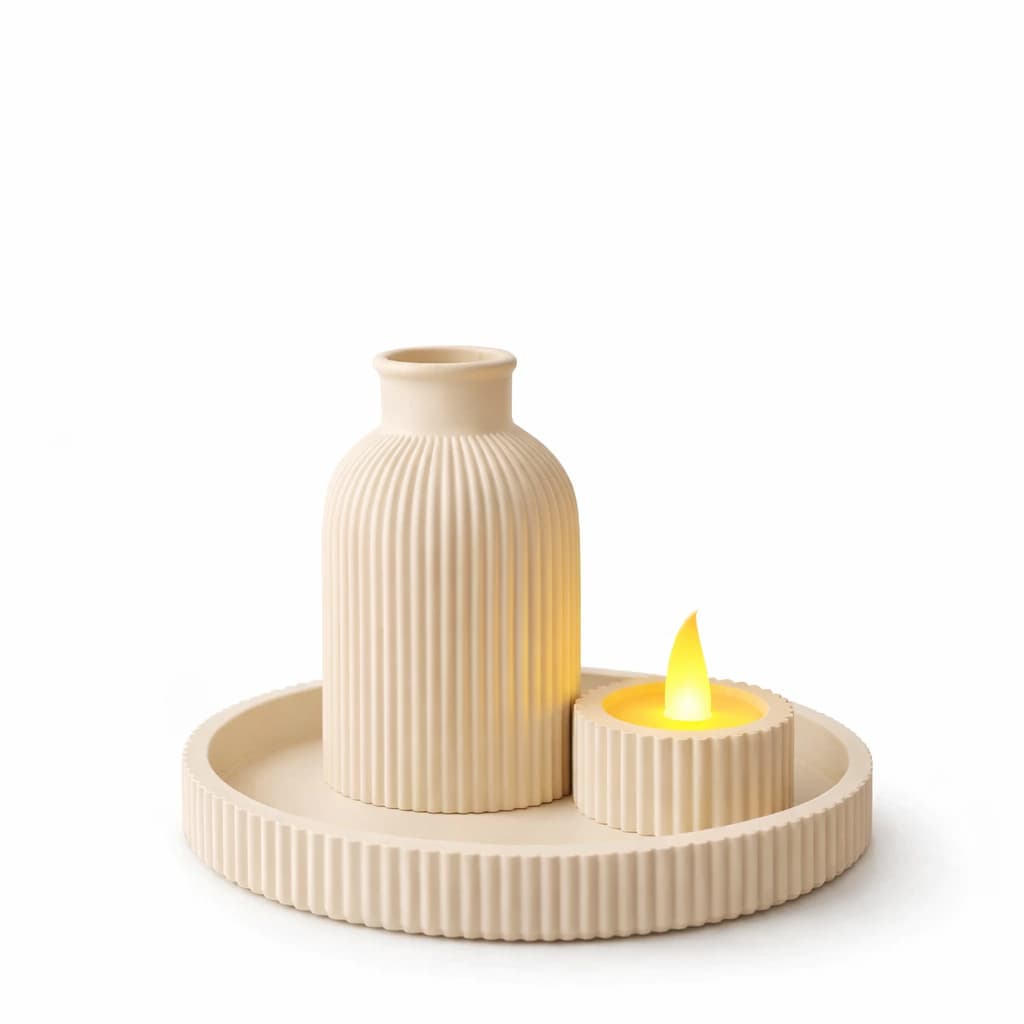 Kit Bandeja Decorativa Canelada com Vaso Moderno Porta Vela LED para Sala Banheiro Lavabo
