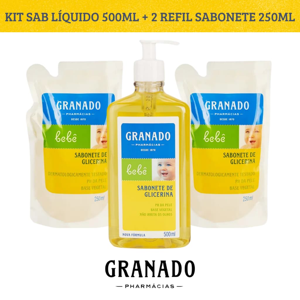 Kit Sabonete Líquido Granado Bebê Glicerina Tradicional 250ml + 2 Refil 250ml