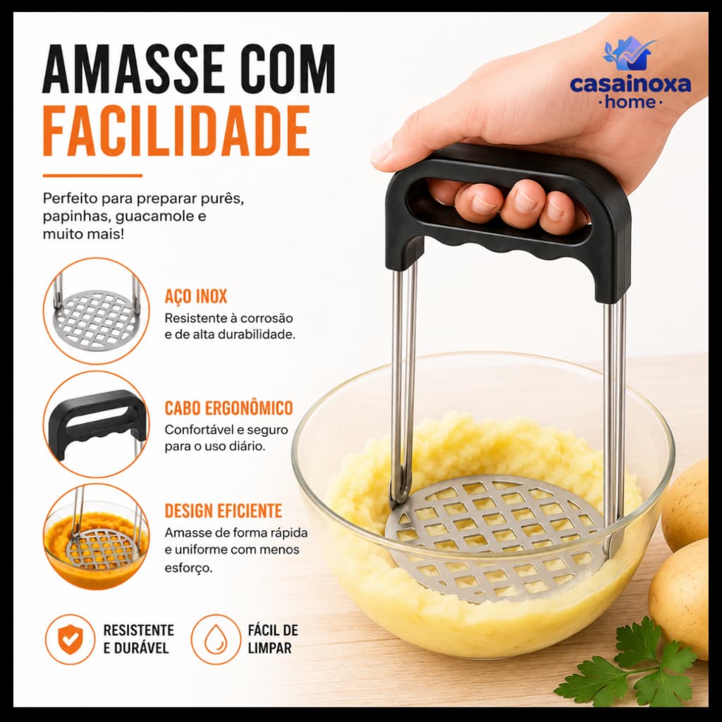 Amassador de Batata em Aço Inox Manual para Purê Cabo Ergonômico Antiderrapante Resistente