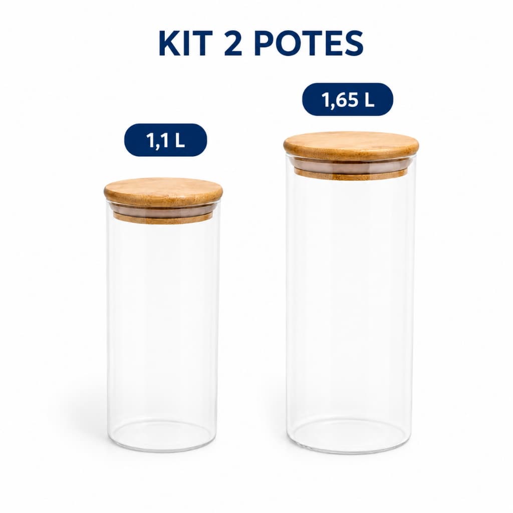 Kit 2 Potes de Vidro Herméticos Redondos OIKOS com Tampa de Bambu 1.1L + 1.65L