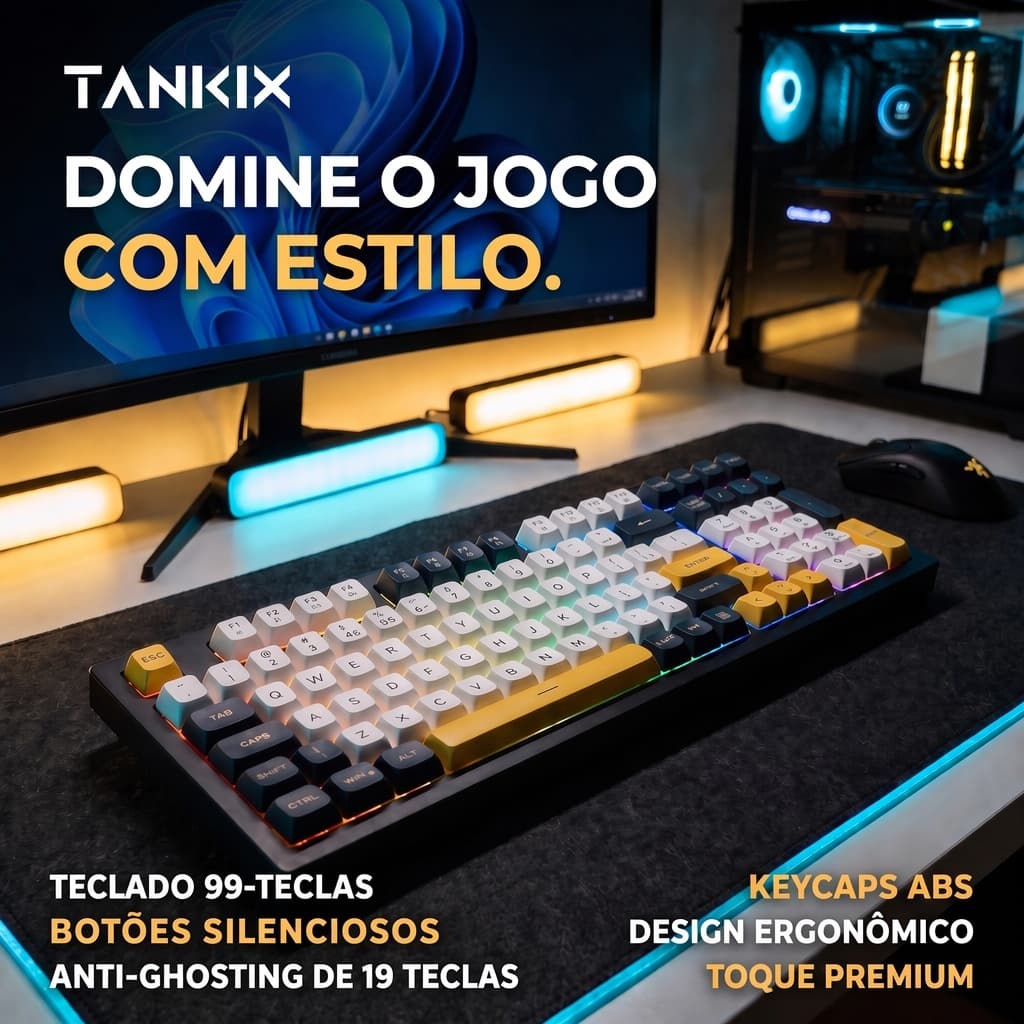Teclado PT-BR ABNT2 99 Teclas Personalizado Brasileiro Símbolos Integrados Iluminado Baixo Ruído Cabo Type-C Ergonômico
