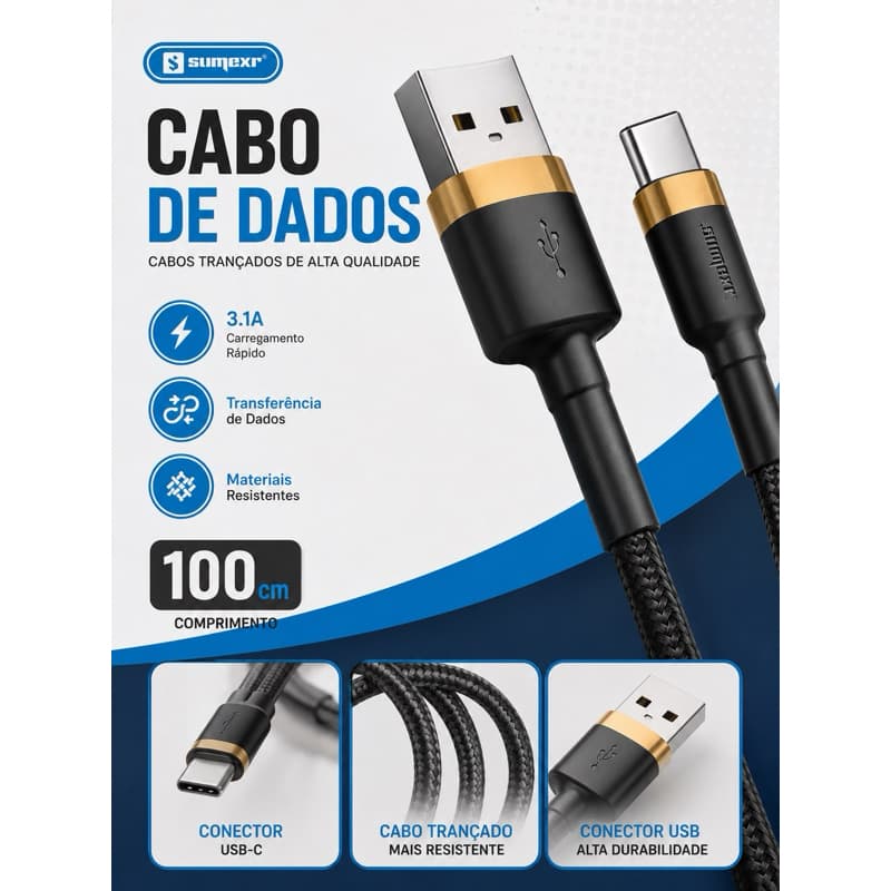 Cabo USB para USB-C Trançado 3.1A – 1 Metro