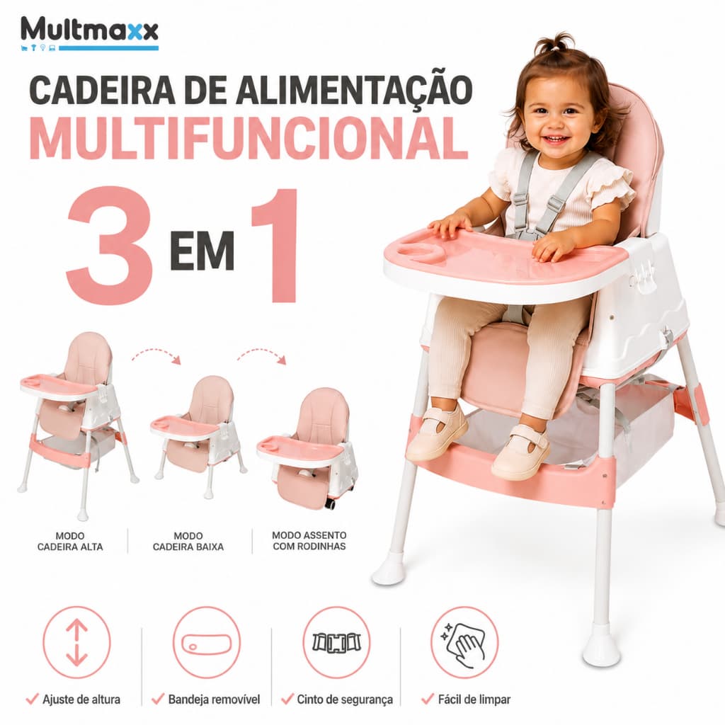 Cadeirinha de Alimentação Portatil Infantil Cadeira Alta Multifuncional com Rodas Menina Rosa