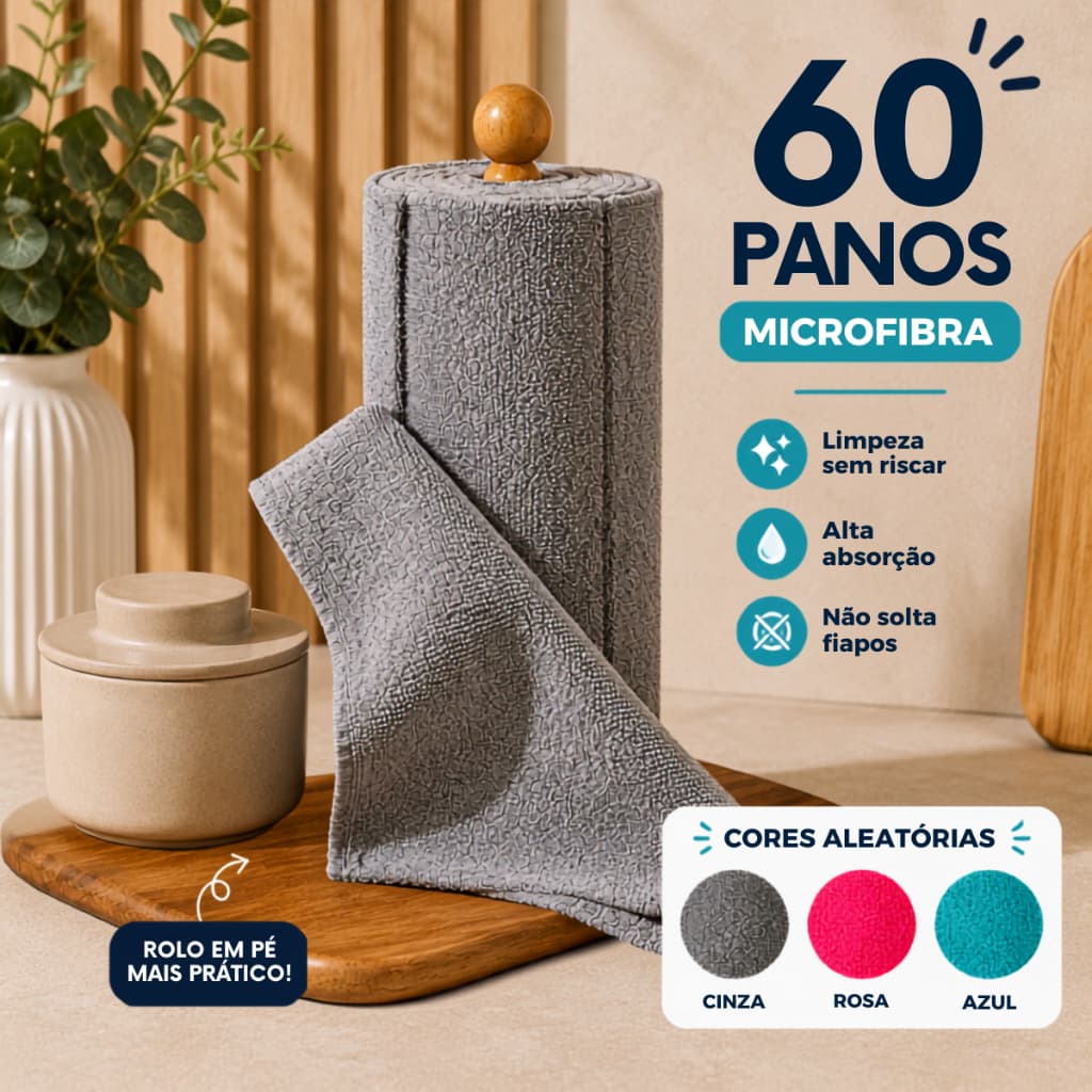 Rolo de Panos Microfibra Multiuso 25x25 Limpeza Automotiva Cozinha Banheiro Cores Aleatórias