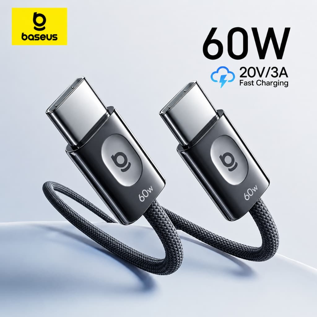 Cabo USB C Baseus 60W Turbo PD Para iPhone 15 16 17 Pro Max USB-C Carregamento Rápido 1,2 Metros