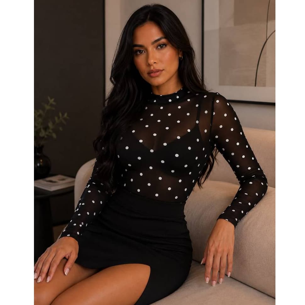Body Feminino Tule Poá Manga Longa Transparente Tamanho Único Moda Feminina Coleção Nova