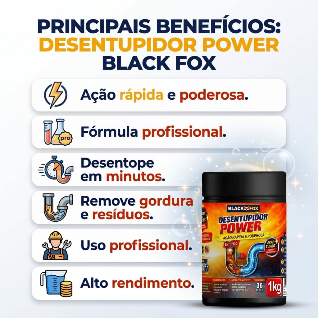 Desentupidor Desentop Caixa de Gordura Pia Ralo Banheiro Cozinha Black Fox 1Kg Ação Rápida