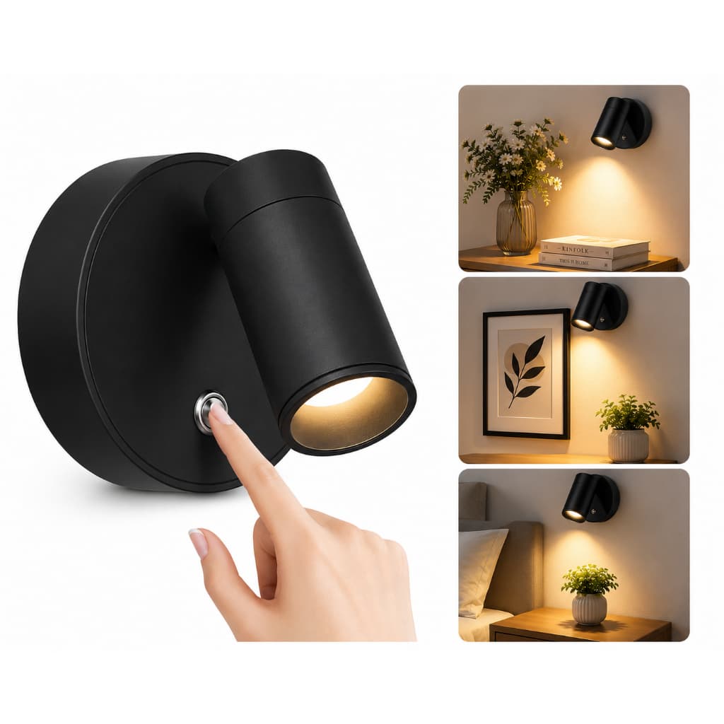 Luminária Arandela Spot magnética recarregável a bateria três tons de iluminação dimerizavel Preto