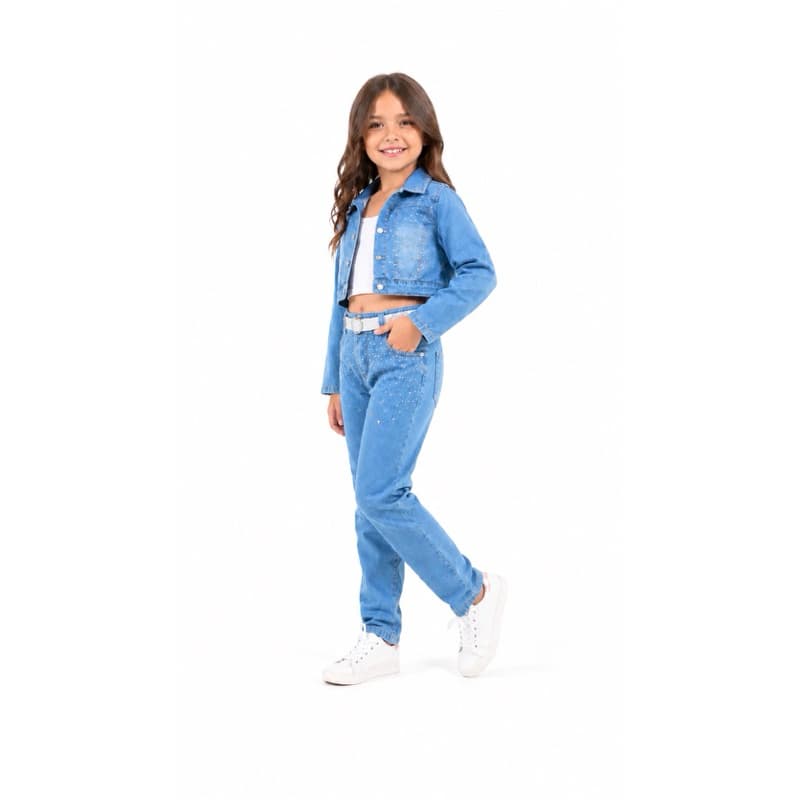 Conjunto jeans de brilho 3 peças com cinto